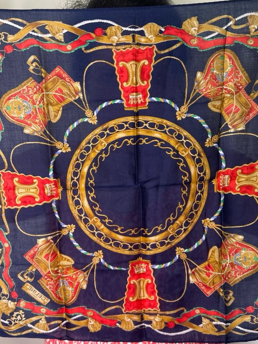 Celine Navy Blue, Gold & Red Decorative Silk Scarf